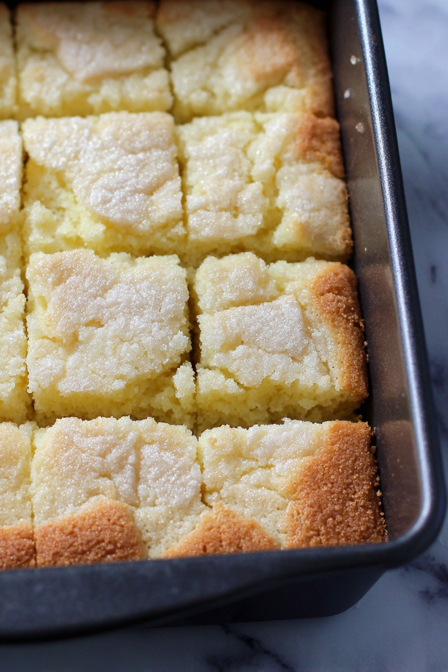French Butter Cake, French Butter Cake Recipe, how to make French Butter Cake, tender butter cake, classic French dessert - A close-up view of a rectangular black baking pan filled with a light yellow baked cake that has been scored into 12 square pieces. The cake has a crumbly, slightly cracked top layer with a sugar-like texture, revealing a soft, moist inner layer beneath. The edges of the cake are slightly browned, contrasting with the pale center. The pan is set against a white marbled background. photo taken with an iphone --ar 2:3 --v 7