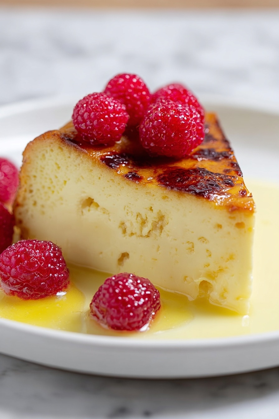Custard Bread Pudding with Vanilla Sauce, bread pudding recipes, creamy bread pudding, easy dessert recipes, vanilla sauce dessert - A thick slice of creamy yellow custard-like cake with a browned, slightly charred top layer sits in the center of a white plate. The top layer is smooth and shiny with a caramelized texture. Several bright red raspberries with tiny droplets of moisture rest on top and around the cake. A light yellow sauce pools around the base, adding a glossy finish to the dish. The plate is placed on a white marbled surface. photo taken with an iphone --ar 2:3 --v 7