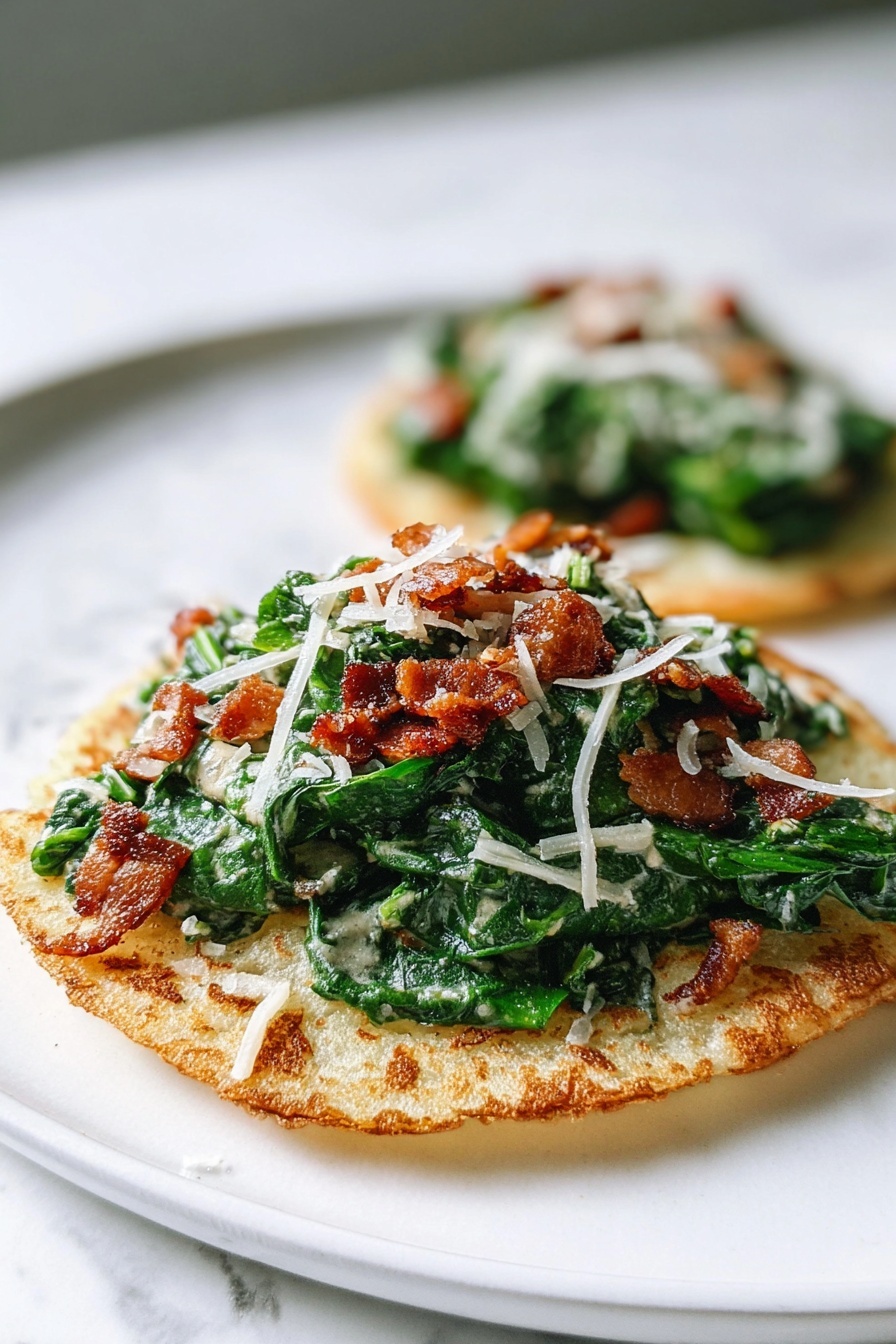 Smash Chicken Caesar Tacos, chicken Caesar tacos, crispy chicken tacos, easy taco recipes, flavorful taco dinner - The image shows two flat round corn cakes placed on a white plate with a white marbled texture surface. Each cake has a golden-brown crispy crust and a slightly soft inside. On top of each cake is a generous pile of creamy green spinach leaves mixed with small pieces of crispy, brown bacon bits scattered throughout. Thin shreds of white cheese are sprinkled evenly over the spinach and bacon mix. The focus of the image is on the closest cake, with the second one slightly blurred in the background. Photo taken with an iphone --ar 2:3 --v 7