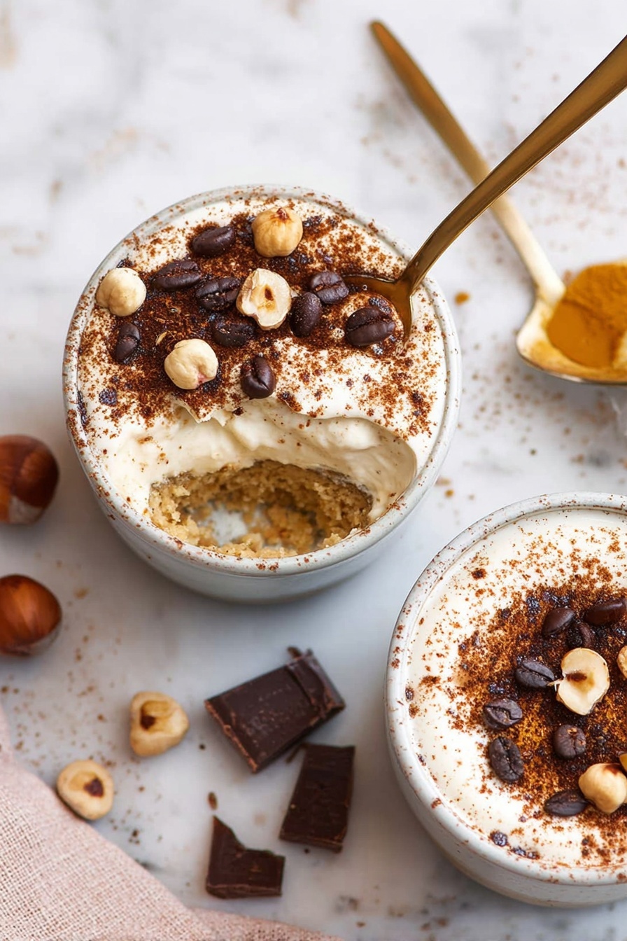 Easy Individual Tiramisu Cups, individual tiramisu dessert, simple tiramisu recipes, quick tiramisu cups, elegant dessert ideas - The image shows five glass cups filled with a creamy, light beige dessert topped with a layer of sprinkled cocoa powder and dark chocolate curls, creating a textured and slightly swirled surface. Each cup has a frothy, airy cream layer on top, while the lower part appears smooth and dense. A white coffee cup filled with dark brown espresso is placed to the right side, partially visible. Scattered dark brown coffee beans and uneven chocolate pieces are placed around the cups on a white marbled surface. Two light brown ladyfinger biscuits lie near the bottom right, and a fine metal sieve with some cocoa powder and coffee beans rests on the left side. There is also a beige linen cloth on the upper left corner. Photo taken with an iphone --ar 2:3 --v 7