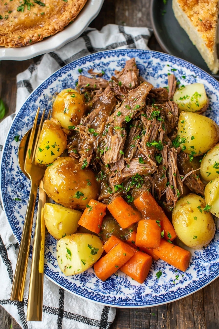 Slow Cooker Pot Roast with Root Vegetables and Herb-Infused Gravy, tender beef roast, hearty slow cooker dinner, comfort food recipes, easy holiday pot roast - A white plate with blue floral patterns holds a layered dish: the bottom layer is golden-yellow chunks of boiled potatoes scattered around the middle and sides; the next layer is bright orange carrot pieces placed mostly along one side; and the top layer is a large pile of shredded, brown cooked meat glistening with sauce, sprinkled with small green herb bits. Two golden serving utensils with open handles rest on the left side of the plate. The plate is on a dark wood surface with a white and black checkered cloth nearby, and a slice of pie with a light brown crust and creamy filling is partly visible to the right. photo taken with an iphone --ar 2:3 --v 7