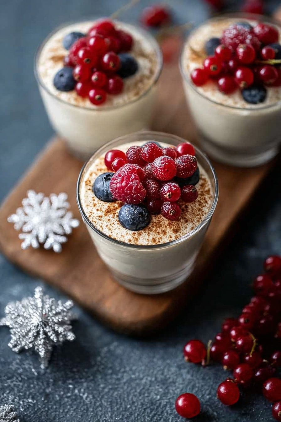 No Bake EggNog Berry Cheesecakes, festive no bake cheesecakes, holiday berry cheesecake, easy eggnog dessert, no bake Christmas cheesecake - Three clear glass cups each hold a creamy white dessert topped with a dusting of cinnamon and a cluster of fresh red raspberries, dark blueberries, and red currants. The dessert looks soft and smooth, forming the base layer under the fruits. Two cups sit on a wooden board, while the third is placed directly on a dark textured surface, scattered with extra red currants nearby. A shiny white snowflake decoration is visible on the left side of the image. The scene is bright with soft natural light coming from the side. photo taken with an iphone --ar 2:3 --v 7