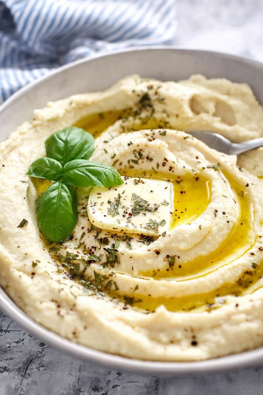 Cheesy Baked Mashed Potatoes, cheesy mashed potato side dish, baked potato casserole, creamy cheesy mashed potatoes, comfort food recipes - A close-up view of a white bowl filled with creamy hummus forming soft swirls, with a pool of golden olive oil settled on one side. On top, a square pat of butter melts slowly, sprinkled with dried herbs and small dark specks scattered across the hummus. Fresh basil leaves add a bright green color, with one leaf holding a small amount of dried seasoning. The bowl sits on a white marbled surface with a blurred blue and white striped cloth in the background, and a spoon partially visible in the hummus. Photo taken with an iphone --ar 2:3 --v 7