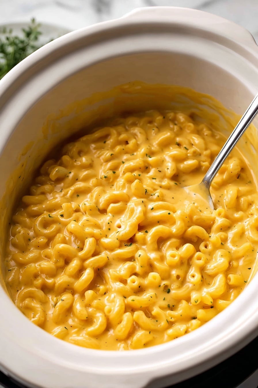 Crock Pot Mac and Cheese, easy crock pot recipes, cheesy comfort food, slow cooker mac and cheese, kid-friendly dinner ideas - The image shows a white slow cooker filled with creamy macaroni and cheese. The dish has one layer of curved elbow pasta coated in a smooth, bright orange-yellow cheese sauce that looks thick and velvety. A silver spoon is partially submerged among the pasta, resting near the edge of the slow cooker. The background has a white marbled texture with some green herbs blurred in the upper corner. photo taken with an iphone --ar 2:3 --v 7
