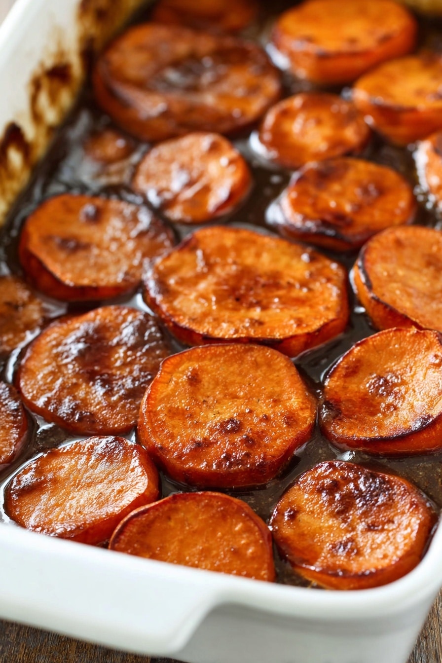 Southern Candied Yams, Soul Food Yams, Sweet Potato Side Dish, Southern Comfort Food, Easy Soul Food Recipes - The image shows a white ceramic baking dish filled with soft cooked sweet potatoes cut into round slices. The sweet potatoes are covered in a glossy dark brown syrupy sauce that pools around them. The slices have a slightly shiny, caramelized surface with some darker roasted spots. The white marbled surface is slightly visible at the edges around the dish. The warm orange and brown colors of the sweet potatoes and syrup stand out clearly. Photo taken with an iphone --ar 2:3 --v 7