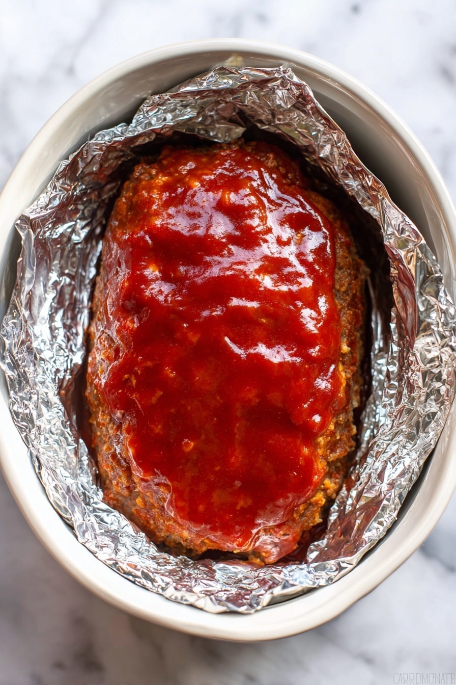 Crockpot Meatloaf with Parmesan and Sweet Glaze, easy slow cooker meatloaf, moist comfort food recipes, Parmesan meatloaf dinner, simple crockpot recipes - A shiny, thick layer of bright reddish-brown sauce covers a large oval-shaped meatloaf placed inside a white slow cooker lined with silver aluminum foil on the sides; the meatloaf has a slightly rough, uneven texture visible beneath the smooth sauce, and the foil peeks out from underneath the edges. The scene is set on a white marbled surface. photo taken with an iphone --ar 2:3 --v 7