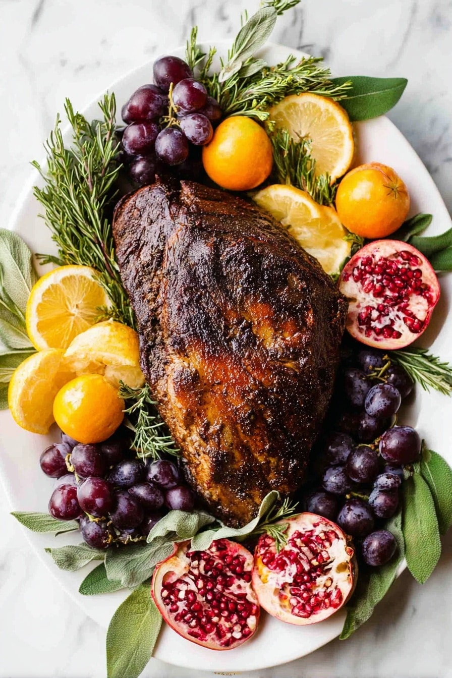 Perfect Smoked Turkey Breast, smoked turkey breast, flavorful turkey breast, tender smoked turkey, how to smoke turkey breast - A white rectangular plate holds several slices of browned roasted turkey with crispy skin on top and tender white meat underneath, arranged in a slightly overlapping way. Around the turkey are thin orange slices and fresh green herbs like rosemary and sage. A pomegranate half with deep red seeds and a quarter piece rest on the plate, adding bright red and pink colors. Scattered small dark and red berries fill spaces between the turkey and fruit. The plate sits on a white marbled surface. Photo taken with an iphone --ar 2:3 --v 7