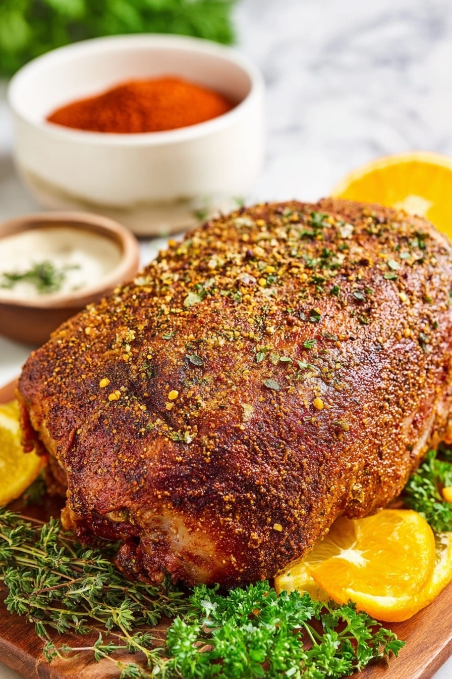 Cajun Butter Smoked Turkey Breast, smoked turkey breast, Cajun turkey recipe, smoked turkey ideas, juicy smoked turkey - A large piece of cooked meat with a brown, seasoned crust sits in the center on a wooden board, sprinkled with small green herb bits. Around the meat are fresh green herbs and bright orange slices, adding color and freshness. In the background, there is a white bowl filled with bright red spice. The surface is a white marbled texture under soft natural light. Photo taken with an iphone --ar 2:3 --v 7