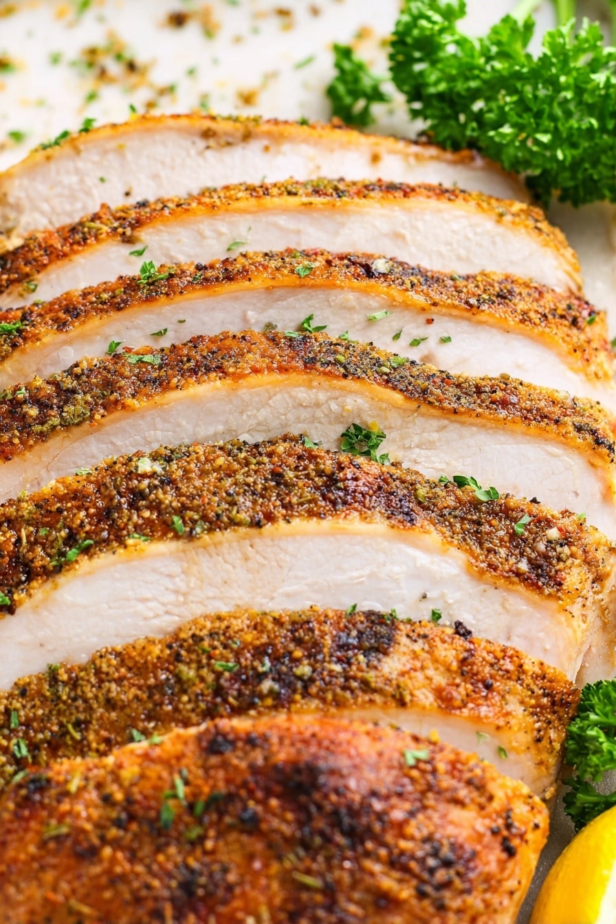Cajun Butter Smoked Turkey Breast, smoked turkey breast, Cajun turkey recipe, smoked turkey ideas, juicy smoked turkey - The image shows a sliced cooked turkey with eight visible thick slices arranged neatly side by side. Each slice has a light golden brown crispy skin with visible black pepper and herb seasonings on top, and the meat inside is white and moist. Behind the turkey slices, there is a white marbled surface with a sprinkle of green herbs and a small bunch of fresh green parsley for garnish. On the far right edge, a small part of a lemon slice is visible. Photo taken with an iphone --ar 2:3 --v 7