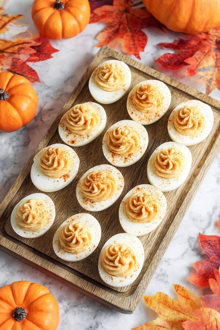 Pumpkin Devilled Eggs, festive appetizers, fall party snacks, pumpkin appetizer recipes, easy devilled eggs with pumpkin - Nine deviled egg halves are placed in a 3 by 3 pattern on a light wooden cutting board. Each half has a smooth, white egg white base topped with a neatly swirled, light brown creamy filling, sprinkled lightly with a dusting of paprika. The board rests on a white marbled surface and has a white and orange striped cloth partially visible at the bottom corner. Photo taken with an iphone --ar 2:3 --v 7