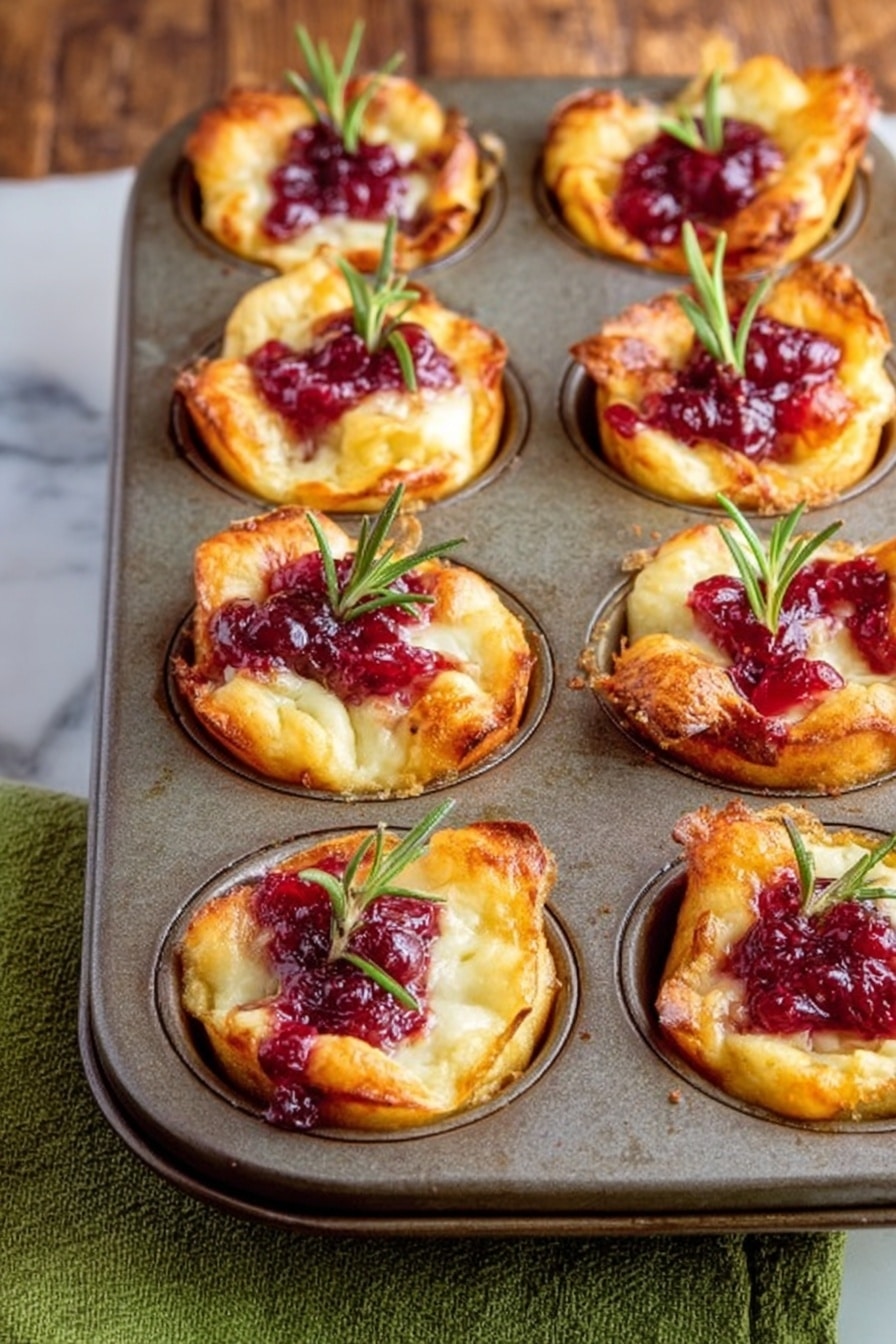 Cranberry Brie Bites, Cranberry Brie Bites appetizer, easy holiday appetizers, savory crescent dough snacks, quick party finger foods - The image shows a metal muffin tray filled with 15 small baked cups. Each cup has a golden brown crust forming the base and sides, with melted white cheese inside. On top of the cheese, there is a bright red cranberry sauce dollop, giving a shiny and chunky look. Small green rosemary sprigs poke out from some of the cups, adding extra texture and color. The tray sits on a white marbled surface with a wooden texture barely visible on one side and a bit of green cloth underneath. photo taken with an iphone --ar 2:3 --v 7