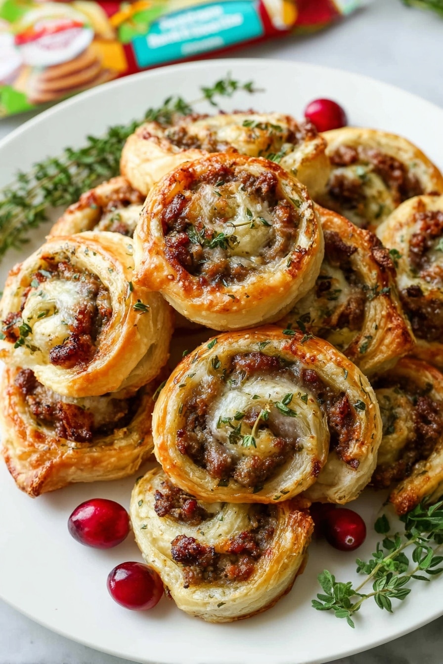 Sausage Cranberry Brie Bites, savory appetizer bites, easy party appetizer, puff pastry appetizers, holiday appetizer ideas - A white plate holds eight round puff pastry pinwheels arranged closely together, each pinwheel showing golden-brown flaky layers with a light shine. Inside the swirls, there are bits of cooked ground meat with small green herbs sprinkled on top, adding green spots on the filling. Fresh green herb leaves lie under the pinwheels in the center for decoration. Bright red cranberries are scattered on the white marbled surface around the plate, adding a pop of color to the scene. photo taken with an iphone --ar 2:3 --v 7