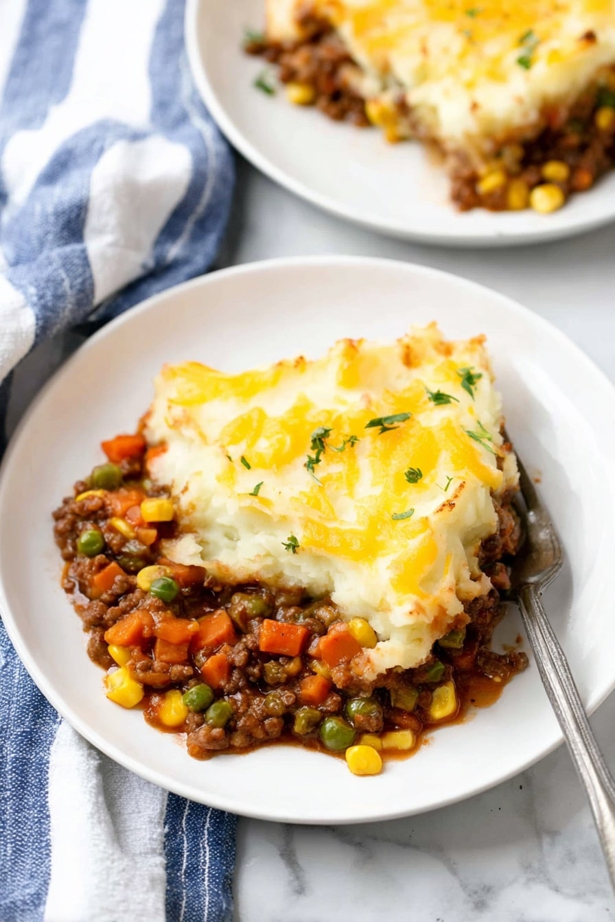 Lentil Shepherd’s Pie with Cheesy Mashed Potatoes, vegetarian shepherd's pie, plant-based shepherd’s pie recipe, vegan comfort food, hearty Lentil Shepherd’s Pie - A white plate holds a serving of shepherd's pie with two main layers. The bottom layer shows a mix of cooked vegetables like peas, diced carrots, corn, and lentils in a thick brown sauce, creating a chunky texture. The top layer is creamy mashed potatoes with a smooth, slightly golden surface, sprinkled with some melted yellow cheese and small green herb bits. A silver fork is partially inserted into the dish, resting on the right side of the plate. In the background, there is another white plate with the same dish and a blue and white striped cloth on a white marbled surface. Photo taken with an iphone --ar 2:3 --v 7