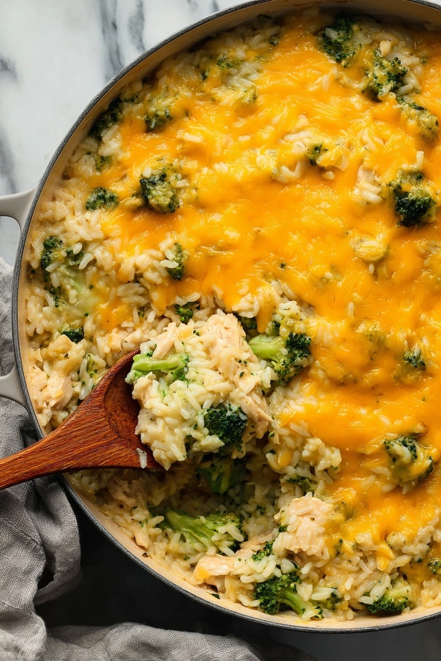 Cheesy Broccoli Rice Vegan Casserole, vegan cheesy broccoli casserole, plant-based broccoli rice bake, dairy-free cheesy casserole, vegan comfort food recipes - A close-up of a large, round pan filled with a creamy rice and broccoli casserole. The bottom layer shows white rice mixed with small pieces of light-colored chicken and bright green broccoli florets scattered evenly. The top layer is thick and smooth, covered with melted, bright orange cheddar cheese that spreads over the whole surface, slightly uneven but glossy. A wooden spoon lifts out a scoop from the left side, showing the rice, broccoli, and chicken underneath the cheese. The pan sits on a white marbled surface with a soft gray cloth nearby. Photo taken with an iphone --ar 2:3 --v 7