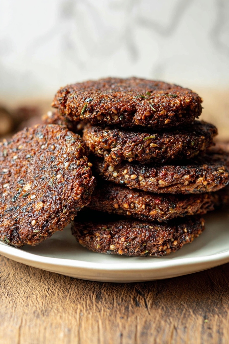 Vegan Breakfast Sausage Patties, plant-based sausage patties, vegan breakfast recipes, dairy-free sausage, vegetarian breakfast ideas - The image shows a white plate filled with a stack of seven dark brown patties. The patties are crispy and have a rough texture with small bits of herbs and seeds visible on the surface. The patties overlap each other in a casual pile. The plate is placed on a wooden surface with a white marbled texture barely visible in the background. The lighting highlights the crispiness and rich color of the patties, making them look freshly cooked. Photo taken with an iphone --ar 2:3 --v 7