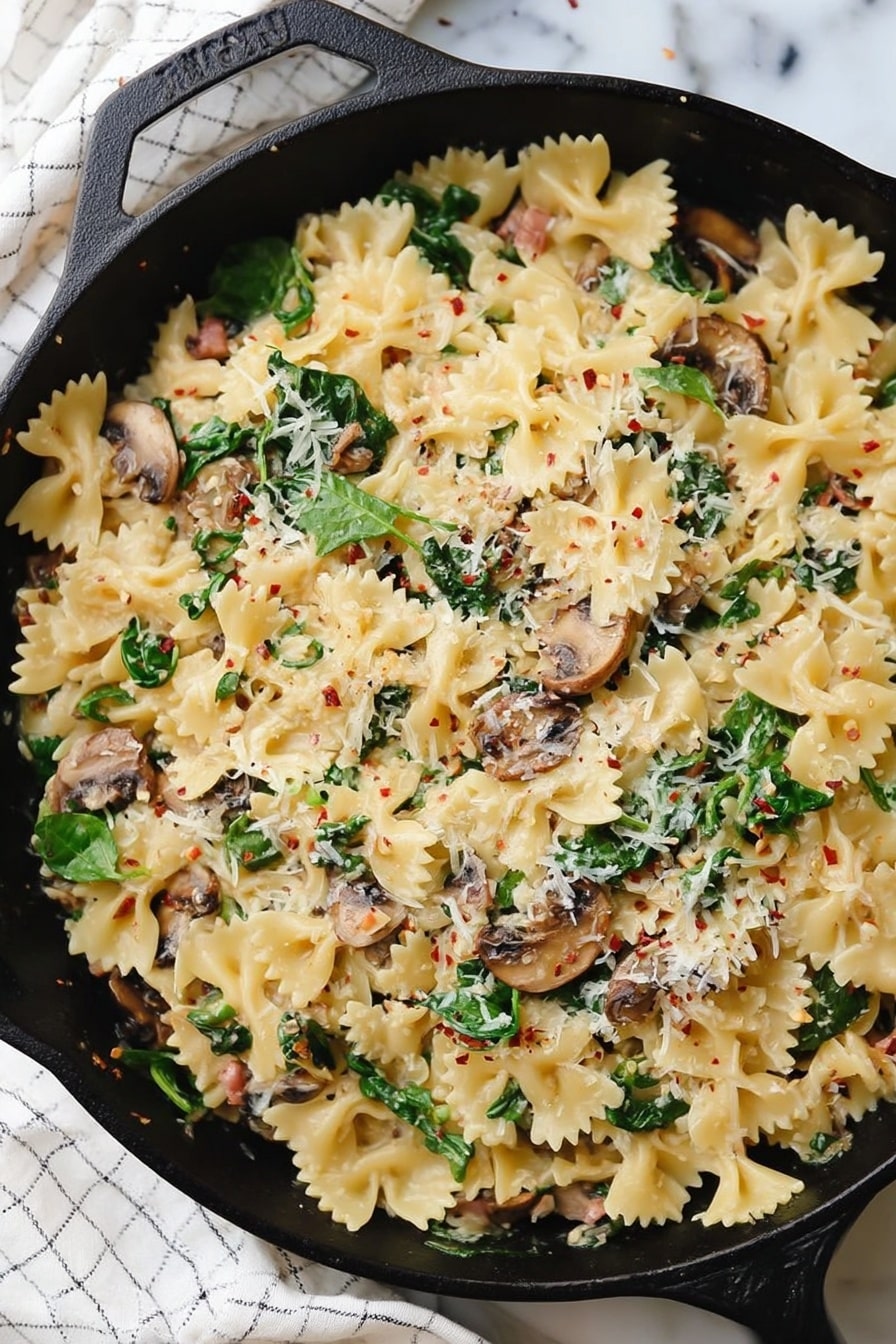 Creamy Vegan Sausage Pasta with Spinach, vegan sausage pasta, dairy-free creamy pasta, vegan pasta recipes, plant-based sausage pasta - This image shows a close-up of a black skillet filled with farfalle pasta mixed with small pieces of light brown cooked meat and green spinach leaves. The pasta is creamy lightly coated, with some grated white cheese sprinkled over the top, and a few tiny red flakes scattered throughout. The pasta shapes look soft, with the meat pieces mixed evenly around, and the spinach adds fresh green touches between the layers of pasta. The skillet sits on a smooth dark surface. photo taken with an iphone --ar 2:3 --v 7