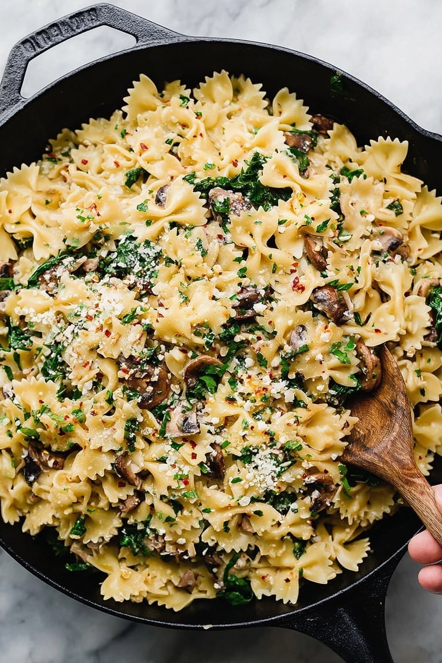 Creamy Vegan Sausage Pasta with Spinach, vegan sausage pasta, dairy-free creamy pasta, vegan pasta recipes, plant-based sausage pasta - A black cast iron pan filled with three layers of farfalle pasta, chopped brown mushrooms, and green leafy spinach mixed evenly throughout. The pasta is light yellow, the mushrooms are scattered in chunks adding a rough texture, and the spinach adds bright green pops of color. There is a light sprinkling of grated white cheese and red chili flakes on top, adding small specks of texture and color contrast. The pan sits on a white marbled surface with a woman's hand holding a wooden spoon inside the pan, slightly lifting the pasta to show its mixed layers photo taken with an iphone --ar 2:3 --v 7