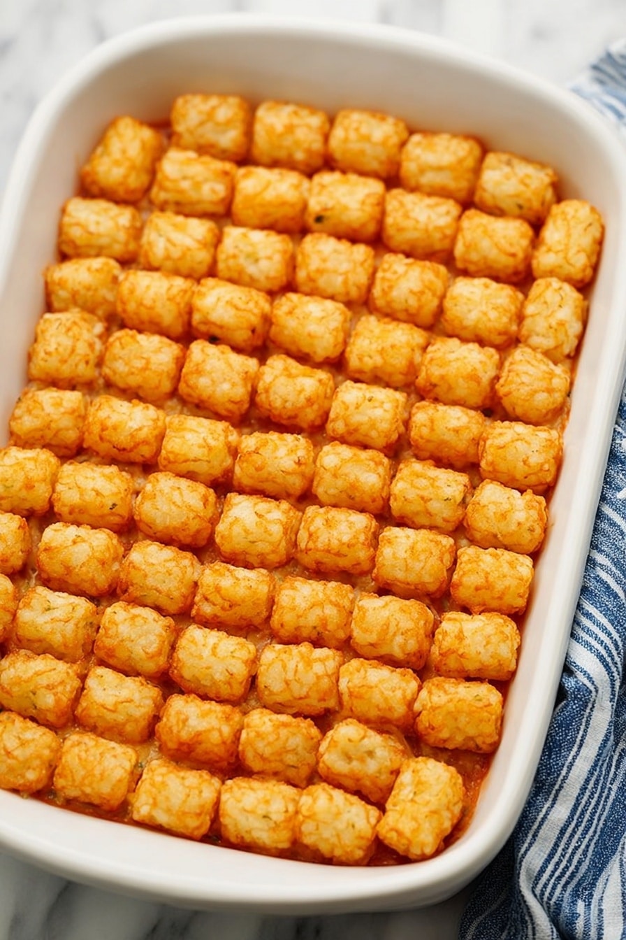 Vegan Tater Tot Casserole Impossible Beef Mushrooms Veggie Topping, vegan comfort food recipes, plant-based casseroles, easy vegan casserole ideas, hearty vegan dinners - This image shows a white baking dish filled with a neat layer of golden brown tater tots arranged tightly in rows. The small, crispy tater tots cover the entire dish surface evenly, forming one thick layer. The dish rests on a white marbled texture, and a blue and white striped cloth is partly visible on the right side. The tater tots have a crunchy texture and look evenly cooked with a warm, golden-orange tint. photo taken with an iphone --ar 2:3 --v 7