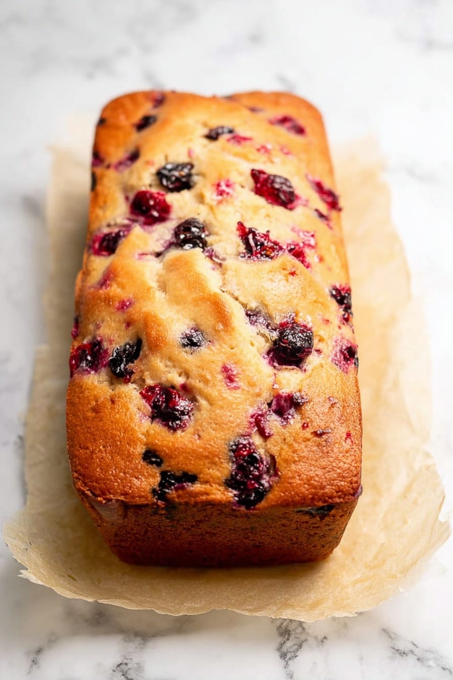 Cranberry Orange Bread with Orange Glaze, cranberry orange bread, orange glazed bread, festive bread recipes, holiday breakfast ideas - A rectangular loaf cake with a golden brown crust sits on a piece of parchment paper on a white marbled surface. The top of the cake has several cracks and is studded with visible whole and partially broken mixed red and dark purple berries, giving it a textured look. The cake appears moist inside where the berries have released some juices, adding deep red spots around them. Photo taken with an iphone --ar 2:3 --v 7