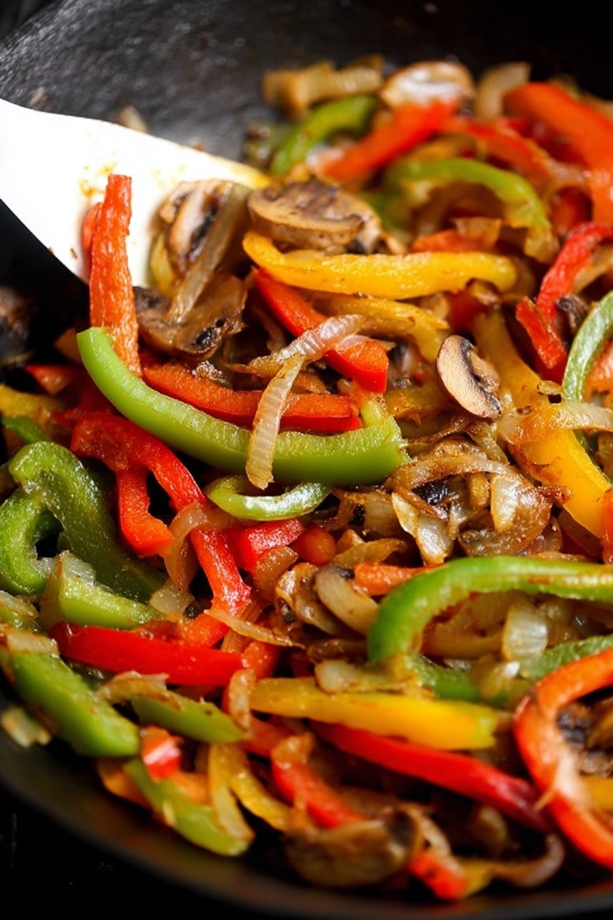 Vegetarian Fajitas, Vegetarian Fajitas Recipe, Easy Vegetarian Fajitas, Colorful Vegetarian fajitas, Meat-free Fajitas - The image shows a close-up of a black pan filled with a colorful mix of cooked vegetables, including long slices of red, green, and yellow bell peppers, as well as small pieces of browned mushrooms and translucent cooked onions. A white spatula is partially visible on the left side, lifting some of the vegetable mixture. The vegetables appear soft and well cooked, with varied textures from the tender onions and mushrooms to the slightly firm bell peppers. The background is out of focus but shows more of the dark surface of the pan. photo taken with an iphone --ar 2:3 --v 7