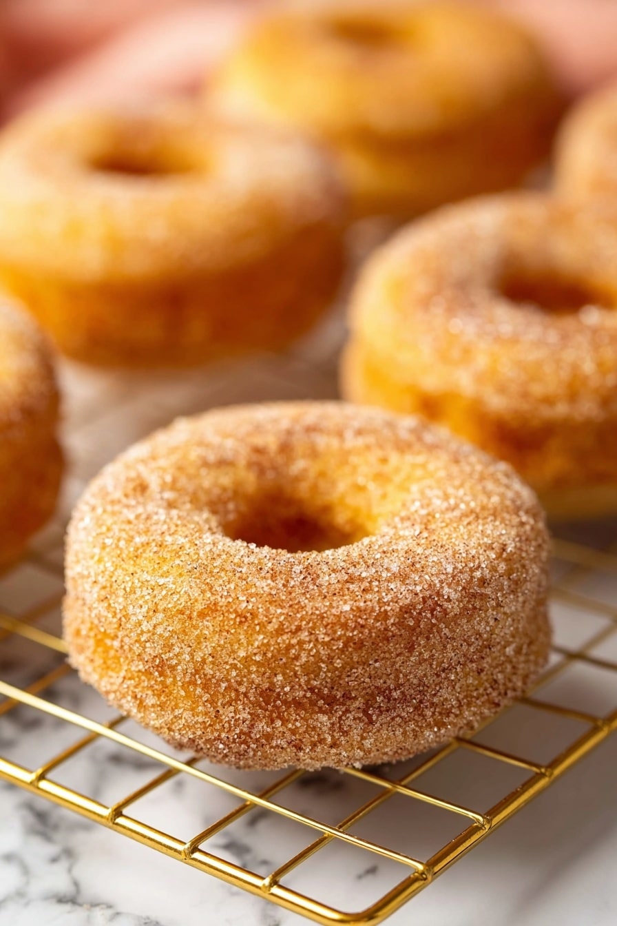 Vegan Apple Cider Donuts, fall vegan donut recipes, baked apple cider donuts, easy vegan fall treats, gluten-free vegan donuts - The image shows several round donuts with a hole in the middle, each covered with a layer of fine sugar and cinnamon on the outside. The donuts have a golden-brown color and a soft texture. They are placed on a gold wire cooling rack, sitting on a white marbled surface. The focus is on one donut in the front, with other donuts slightly blurred in the background, giving a warm and fresh look. photo taken with an iphone --ar 2:3 --v 7