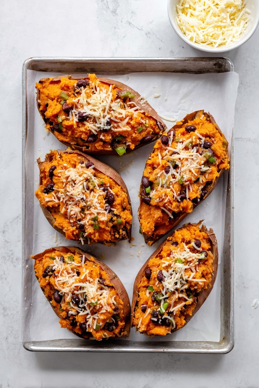 Loaded Sweet Potato Skins, sweet potato skins appetizers, cheesy sweet potato skins, smoky loaded sweet potato, healthy stuffed sweet potatoes - Five stuffed sweet potato halves sit arranged on white parchment paper over a white marbled surface. Each sweet potato is filled with bright orange mashed sweet potato mixed with black beans and topped with melted light-colored cheese and crispy brown coconut flakes. Fresh green chopped parsley is sprinkled over the potatoes, adding a lively touch. Around the potatoes, there are lime wedges and extra parsley. A small white bowl holds fresh green parsley leaves, while a small gray bowl contains creamy white sour cream garnished with parsley. A striped cloth napkin lies near the bottom right corner. Photo taken with an iphone --ar 2:3 --v 7