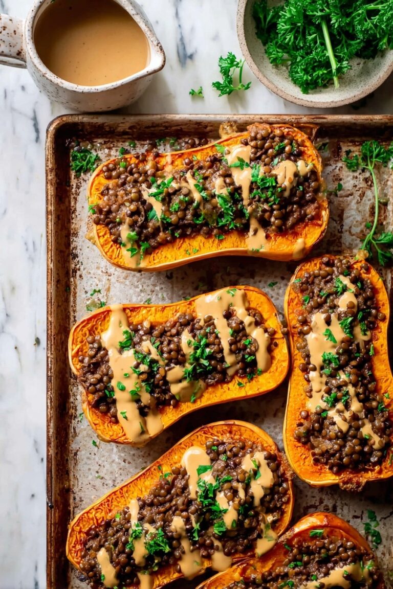 Creamy Lentil Stuffed Butternut Squash with Butternut Tahini Sauce Recipe
