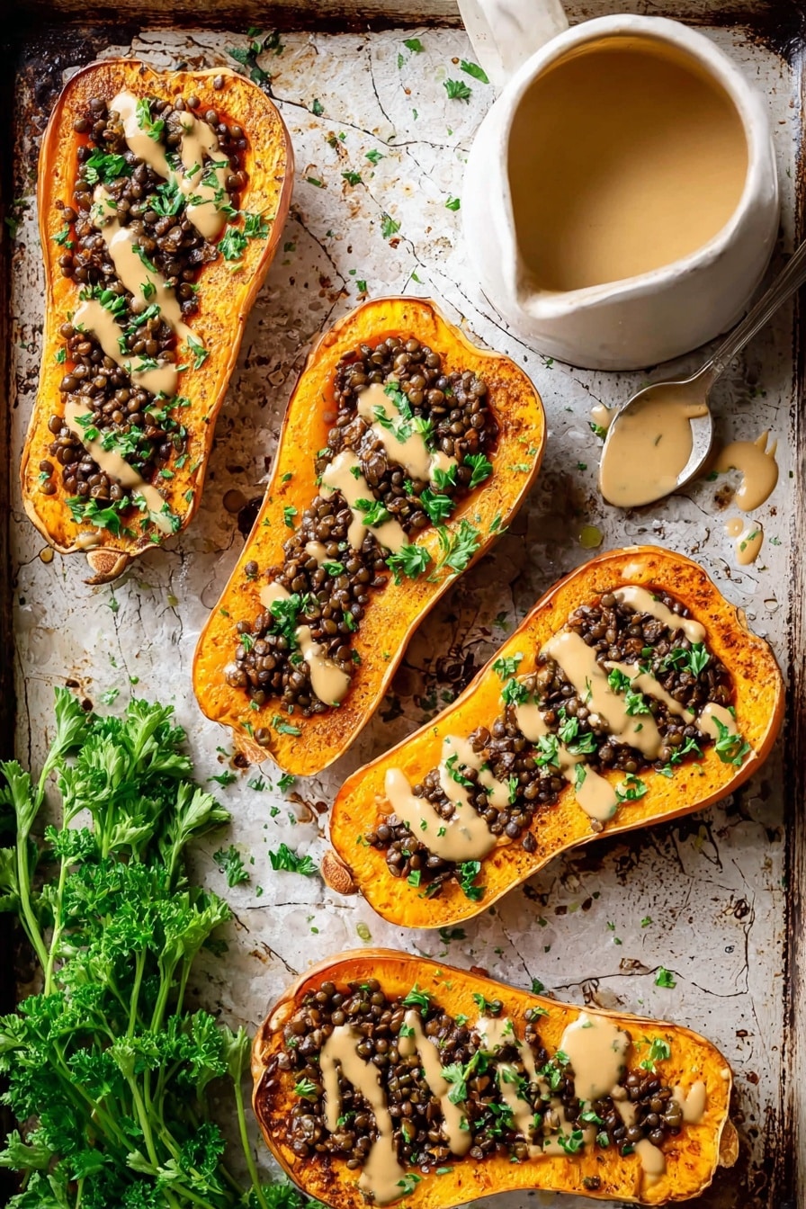 Creamy Lentil Stuffed Butternut Squash, butternut squash with lentils and tahini, healthy stuffed squash recipes, cozy vegan dinner ideas, roasted butternut squash with tahini - Four halves of roasted butternut squash are arranged on a baking tray with a white marbled texture. Each half is filled with a dark brown mix of lentils and finely shredded mushrooms, topped with uneven drizzles of a beige creamy sauce and sprinkled green parsley leaves. To the right of the squash halves is a white jug partially filled with the same creamy sauce, with some sauce dripping over its edge. To the left side of the tray, a bunch of fresh green parsley lies next to the squash. The image captures the rustic texture of the food and tray, with vibrant colors and detailed layering. Photo taken with an iphone --ar 2:3 --v 7