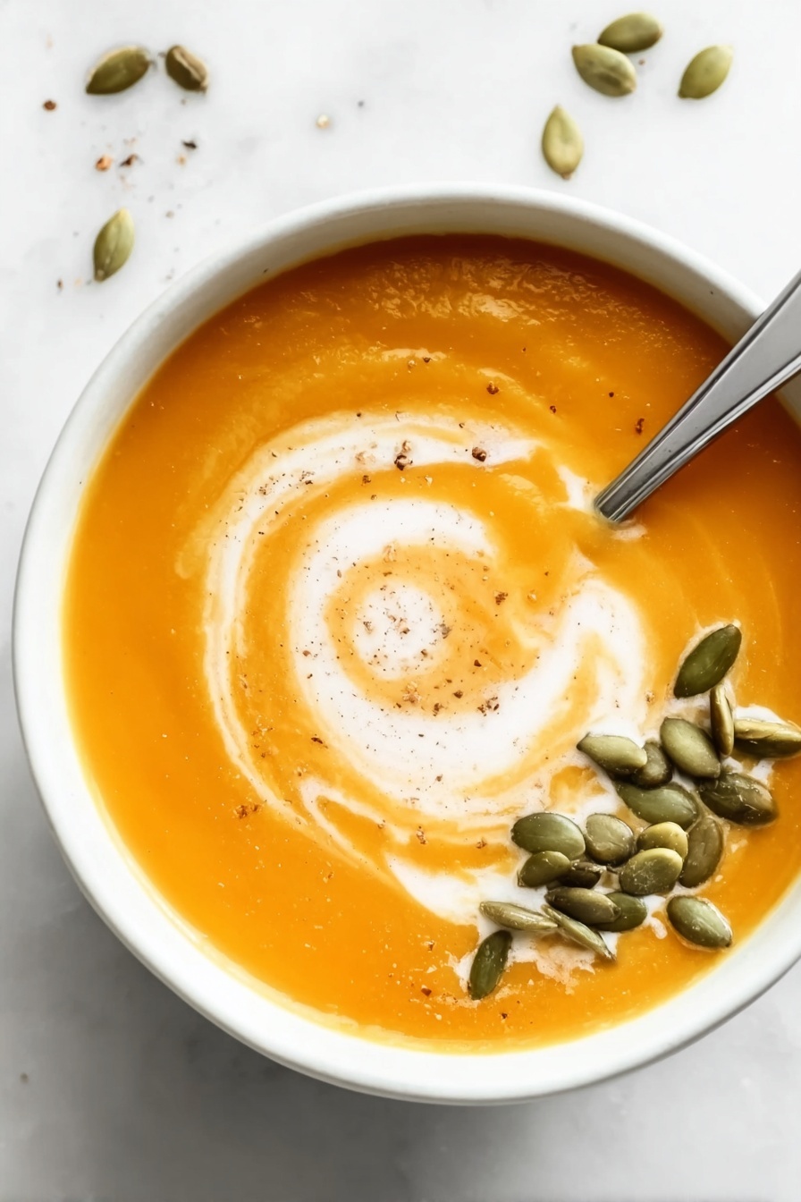 Vegan Butternut Squash Soup, vegan squash soup, healthy butternut squash soup, cozy vegan soup, easy vegan soup recipes - A white bowl filled with smooth orange soup is placed on a white marbled surface. The soup has a swirl of white cream on top, creating a gentle spiral pattern starting near the center. There is a small pile of green pumpkin seeds arranged to one side of the swirl. A silver spoon rests inside the bowl, its handle leaning on the bowl's edge. The soup surface shows light seasoning specks, adding subtle texture. Photo taken with an iphone --ar 2:3 --v 7