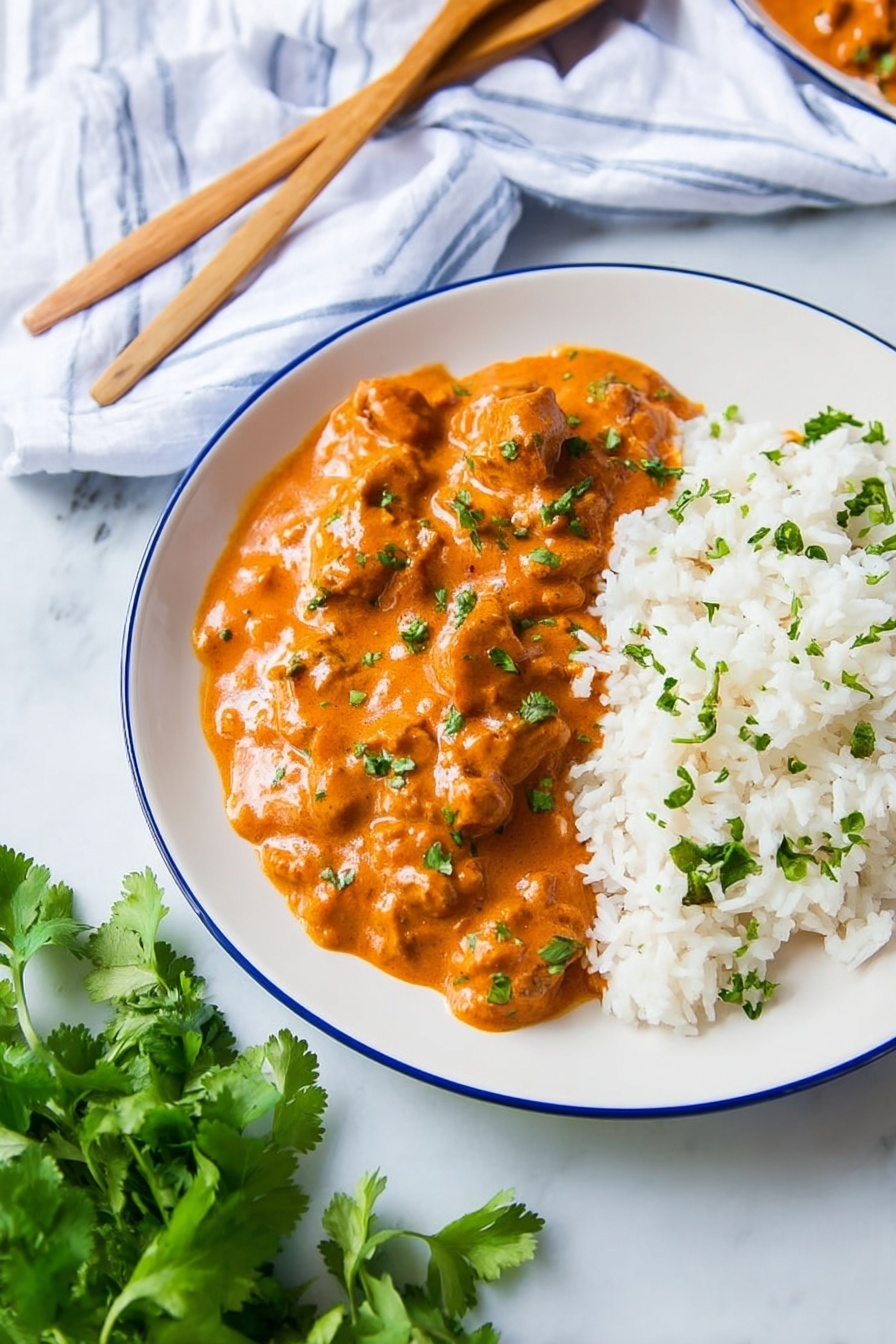 Vegan Butter Chicken, plant-based curry, vegan tofu curry, dairy-free butter chicken, vegan Indian recipes - The image shows a white plate with a thin blue rim, placed on a white marbled surface. On the plate, there are two main layers: on the right side, fluffy, white rice garnished with small green herb pieces, and on the left side, a rich orange sauce with visible chunks of tender meat, also sprinkled with small green herb bits. The sauce looks creamy and smooth, covering the meat pieces fully. In the background, there is a white cloth with light blue stripes and two wooden utensils resting on it. A bunch of fresh green herbs is placed on the bottom left corner of the image. The lighting is bright and natural, highlighting the colors and textures clearly. photo taken with an iphone --ar 2:3 --v 7
