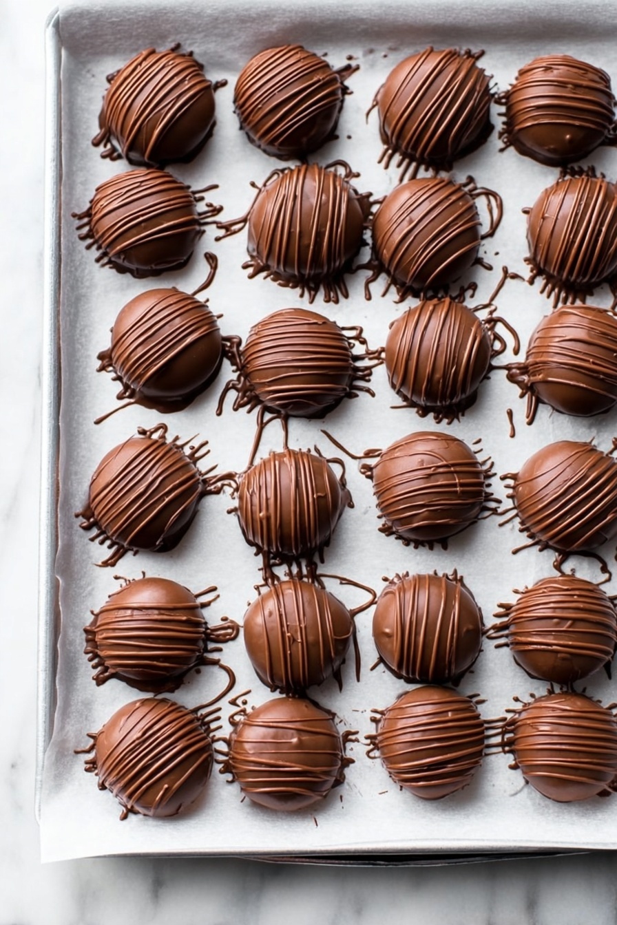 Vegan Chocolate Peanut Butter Balls, vegan no-bake snacks, healthier peanut butter bites, dairy-free chocolate truffles, easy vegan dessert ideas - The image shows round chocolate-covered treats placed on a white marbled surface. Each treat has two layers visible: a smooth, shiny milk chocolate outer shell with darker chocolate drizzle lines artistically spread over the top, and a glimpse of a crumbly light brown base peeking out slightly underneath. The texture of the chocolate shell is smooth and glossy, contrasting with the rougher crumbly base layer. The treats are arranged close together in a casual, slightly scattered manner. Photo taken with an iphone --ar 2:3 --v 7