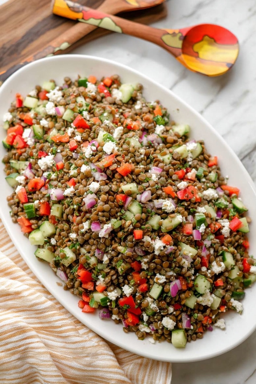 The Best Lentil Salad, healthy lentil salad, easy lentil salad, quick lentil salad, nutritious lentil salad - A white oval plate is filled with a lentil salad that has three main layers of textures and colors visible mixed evenly. The base layer consists of small lentils in a greenish-brown shade, creating a grainy texture. Scattered throughout are roughly chopped pieces of bright red bell peppers, pale green cucumbers, and small bits of red onions that add a fresh, crisp texture and colorful contrast. White crumbles of cheese are sprinkled on top, adding a soft texture and light touch of white against the vibrant salad. The plate is placed on a white marbled surface with a beige and white striped cloth nearby, and two wooden spoons with painted orange and yellow patterns rest in the background. Photo taken with an iphone --ar 2:3 --v 7