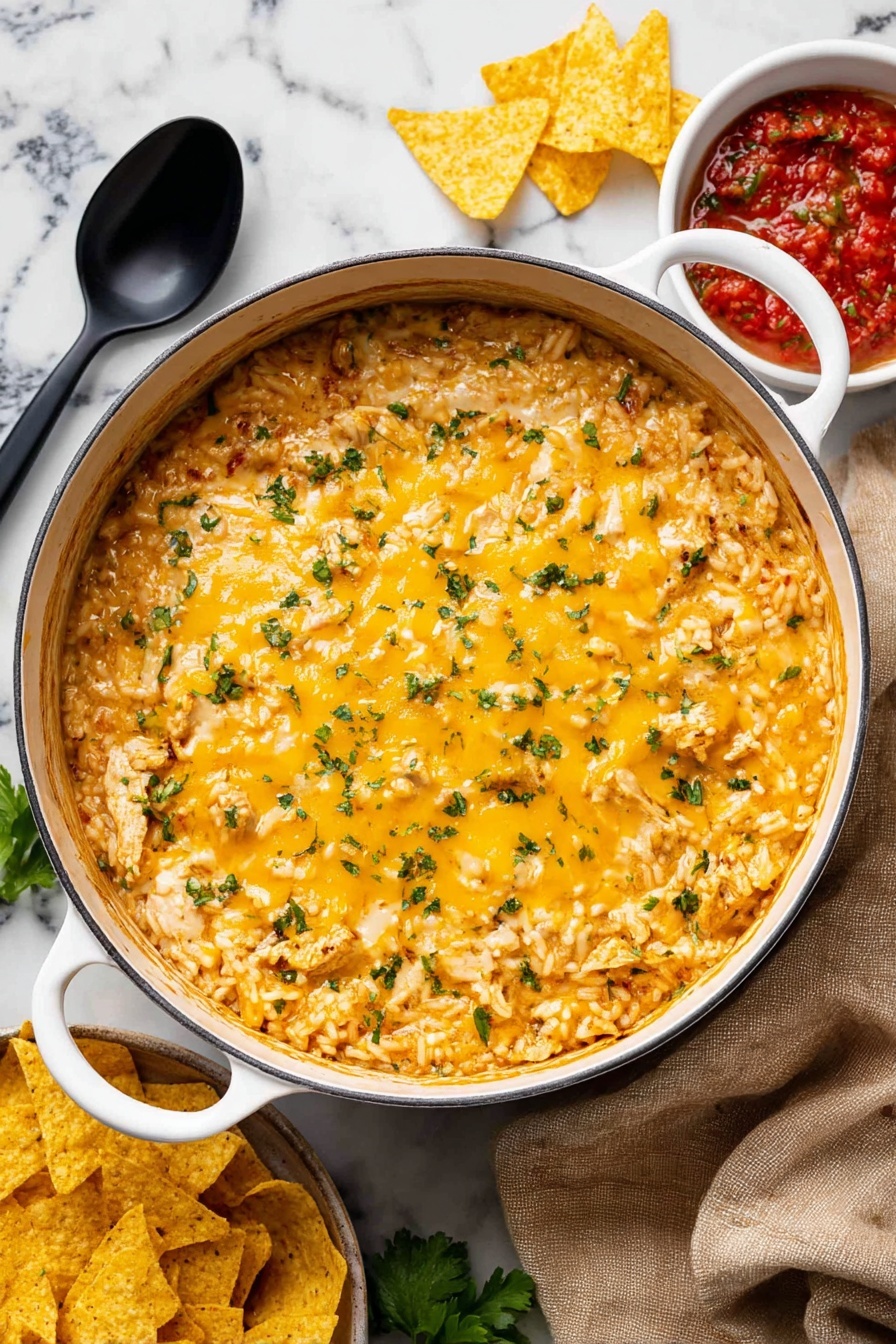 One Pot Queso Chicken and Rice, cheesy chicken and rice skillet, easy cheesy chicken dinner, Tex-Mex one pot meal, quick creamy chicken rice - A white round pot filled with a creamy rice dish topped with melted yellow cheese and small green herb sprinkles. The rice appears orange with bits of light-colored meat and vegetables mixed in, creating a textured, hearty look. The pot has handles on both sides and is placed on a white marbled surface with a black spoon on the left and yellow tortilla chips nearby. To the right, there's a small white bowl with bright red salsa on a beige cloth. photo taken with an iphone --ar 2:3 --v 7