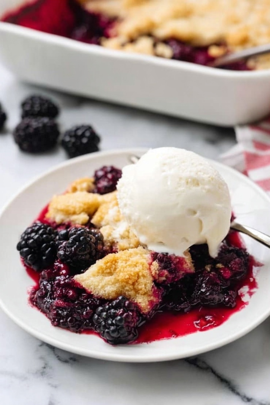Old Fashioned Blackberry Cobbler, Blackberry Cobbler Recipe, Easy Blackberry Dessert, Classic Berry Cobbler, Juicy Blackberry Crumble - A white plate holds a serving of blackberry cobbler with three main layers visible: the bottom layer is dark purple blackberries with juice soaking the plate, the middle layer is golden brown, crumbly cobbler topping broken in pieces over the berries, and the top layer is a round scoop of creamy white ice cream sitting slightly to one side of the cobbler. Fresh blackberries are scattered around the plate on a white marbled surface. In the background, a white baking dish filled with more cobbler is slightly out of focus. Photo taken with an iphone --ar 2:3 --v 7