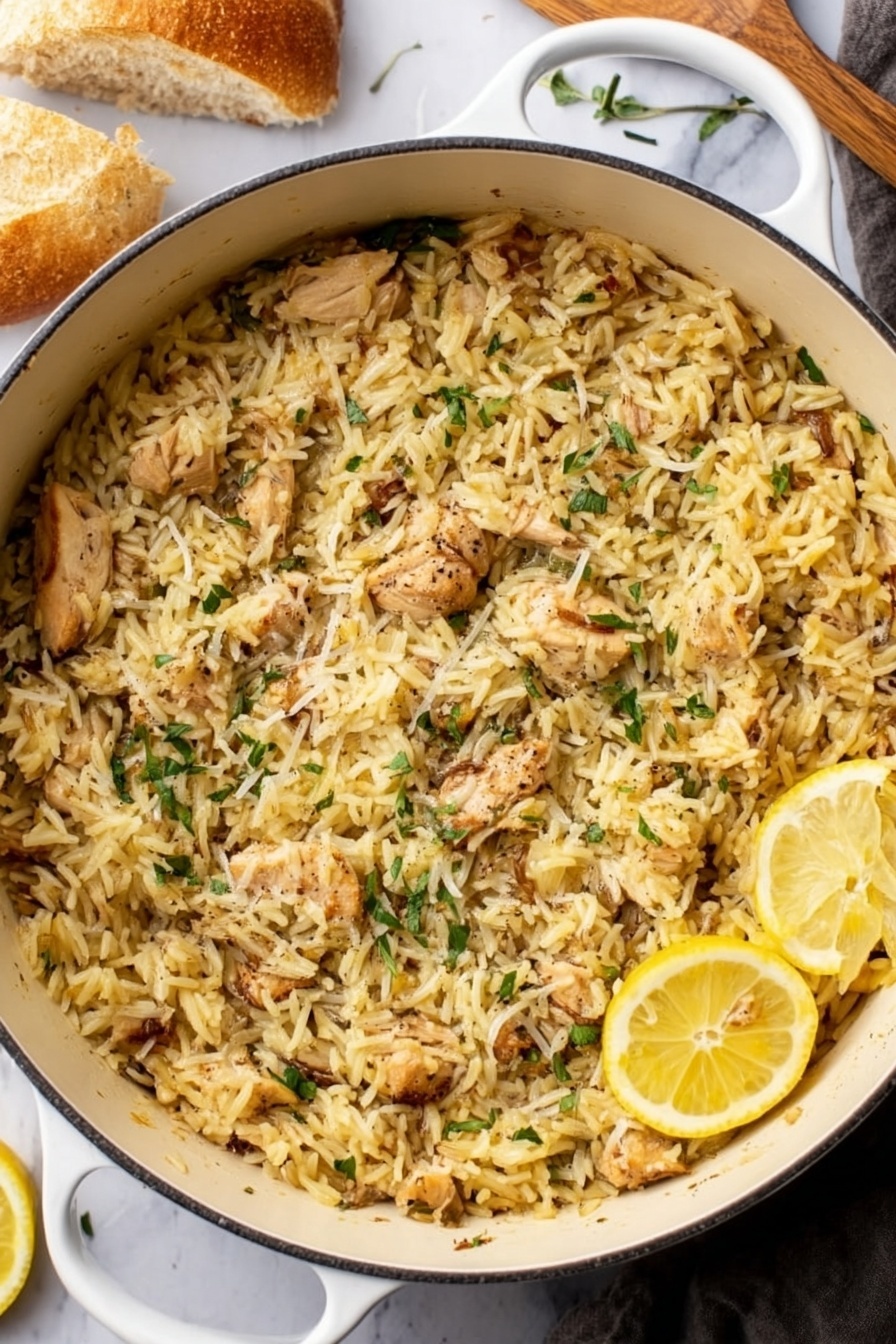 Lemon Chicken and Orzo, Lemon Chicken and Orzo recipe, Easy lemon chicken pasta, Quick chicken and orzo dinner, Bright lemon chicken dish - A white pot filled to the top with cooked yellowish rice mixed with small pieces of light-brown cooked chicken, scattered with thin green herb leaves and a sprinkle of grated cheese or seasoning on top, with two thin lemon slices resting near the edge of the pot. The pot is placed on a white marbled surface with a piece of bread in the top left corner and a woman's hand in the lower left corner holding a utensil. photo taken with an iphone --ar 2:3 --v 7