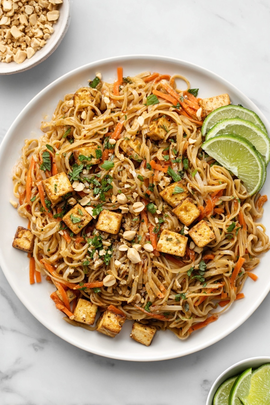 Vegan Pad Thai, Vegan Pad Thai recipe, plant-based Pad Thai, easy vegan Thai dishes, healthy vegan Pad Thai - A white plate filled with three main layers: the bottom layer is light brown cooked noodles, mixed with thin orange carrot strips spread evenly; the middle layer has golden brown tofu cubes placed throughout the noodles; the top layer contains scattered green chopped herbs and crushed peanuts. On the right edge of the plate, there are two lime wedges resting on the noodles. The plate sits on a white marbled surface, with a small white bowl of extra lime wedges visible at the bottom right corner. photo taken with an iphone --ar 2:3 --v 7