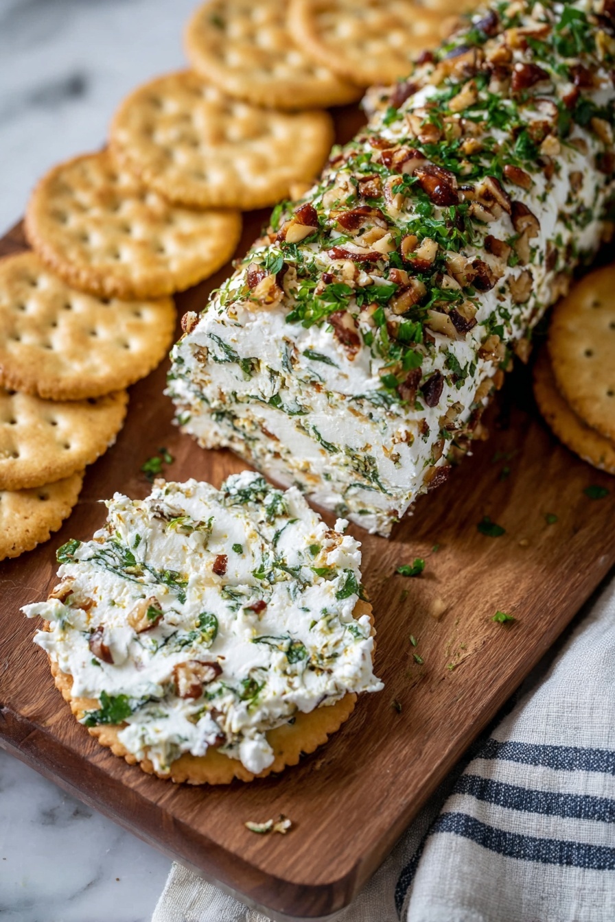 Garlic Herb Cheese Log, cheese log appetizer, seafood cheese cheese ball, goat cheese cheese dip, herb cheese spread - A long roll of soft white cheese covered with chopped green herbs and brown nut pieces sits on a wooden board. Surrounding it on both sides are round, light tan crackers with small holes on top. One cracker in the front holds a thick layer of the cheese spread mixed with herbs and nuts, showing a textured white and green speckled surface. The wooden board rests on a white marbled surface with a striped cloth partially visible on the bottom right. Photo taken with an iphone --ar 2:3 --v 7