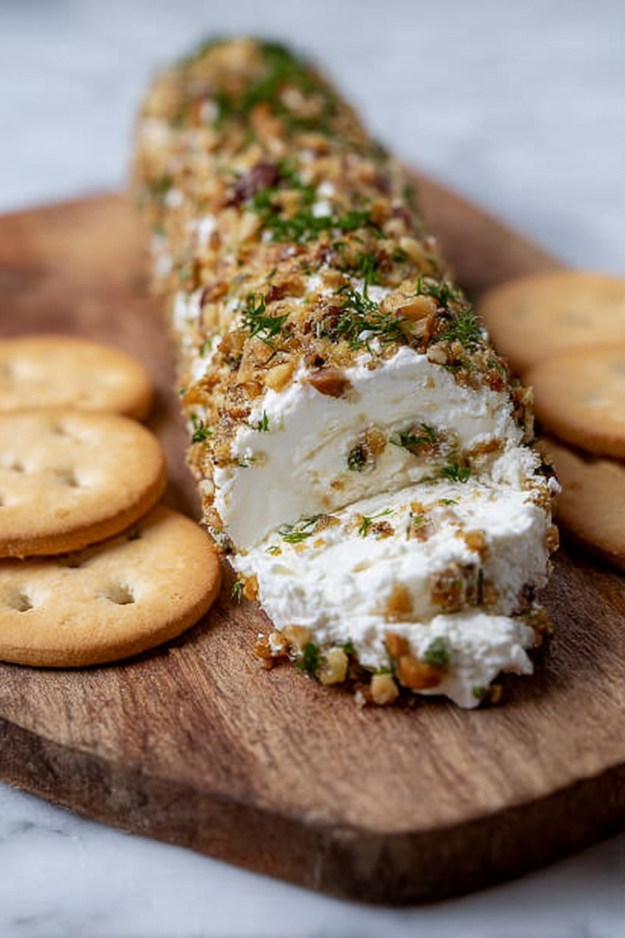 Garlic Herb Cheese Log, cheese log appetizer, seafood cheese cheese ball, goat cheese cheese dip, herb cheese spread - A close-up of a long cheese log on a wooden board with the front end showing soft white cheese with a fluffy texture. The log is covered with chopped nuts and green herbs, giving it a rough and crunchy outside. On each side of the cheese log, there are two round, light brown crackers with a smooth surface and small holes. The wooden board is resting on a white marbled surface that softly blurs in the background. Photo taken with an iphone --ar 2:3 --v 7