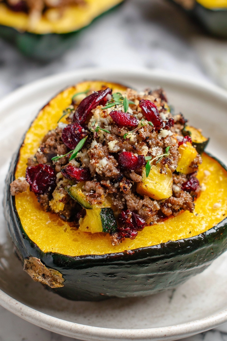 Stuffed Acorn Squash with Ground Turkey, Apples, Cranberries, Pecan Topping, autumn healthy dinner - A halved acorn squash with deep green skin and bright yellow-orange soft flesh is placed on a white plate with a white marbled texture background. The squash is filled with a layered mixture: the bottom layer is the cooked squash flesh, topped with a crumbly mix of browned ground meat, small chunks of yellow vegetables, and bits of red dried cranberries. This is finished with a sprinkling of light toasted breadcrumbs and small green herb leaves scattered across the top. Photo taken with an iphone --ar 2:3 --v 7