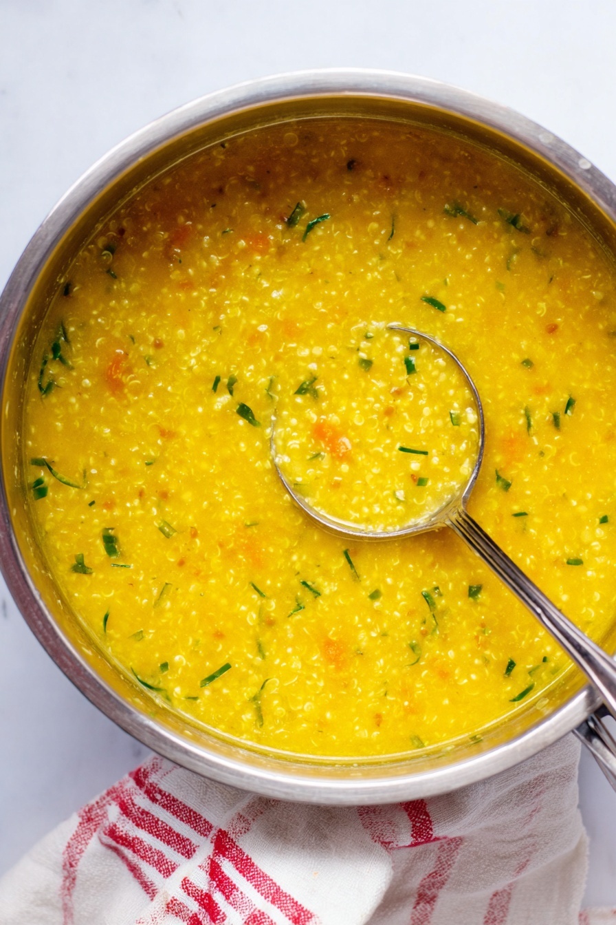 Italian Pastina Soup, comfort food recipes, easy Italian soups, cozy pasta soup, nourishing soup recipes - The image shows a silver pot filled with a thick, yellow soup that has a grainy texture and small green herbs scattered throughout. The soup looks warm and creamy with visible small bits of vegetables or grains. A silver ladle rests inside the pot, partially submerged in the soup and lifting some of it up. The pot is placed on a white marbled surface, and to the side, there is a white cloth with a red checkered pattern. The colors are warm and vibrant, with a clean and simple presentation. photo taken with an iphone --ar 2:3 --v 7