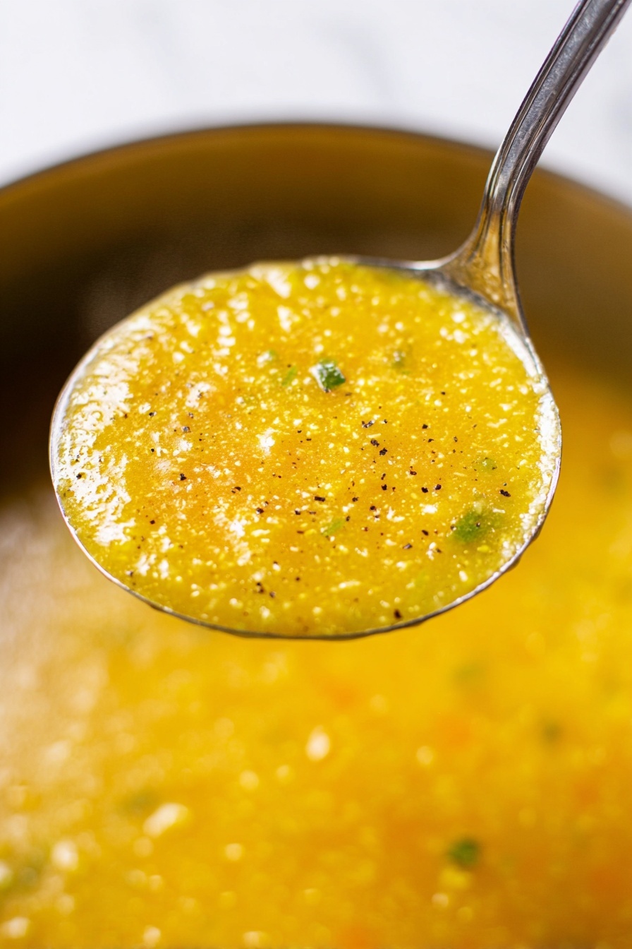 Italian Pastina Soup, comfort food recipes, easy Italian soups, cozy pasta soup, nourishing soup recipes - A close-up view of a shiny silver ladle holding a thick, yellow-orange soup with small bits of green herbs and a slightly grainy texture, shimmering with a light oily layer on top and tiny specks of black pepper sprinkled evenly. The ladle is held above a large pot filled with the same soup, which has a smooth but slightly chunky consistency with steam rising gently. The background is a white marbled texture. photo taken with an iphone --ar 2:3 --v 7