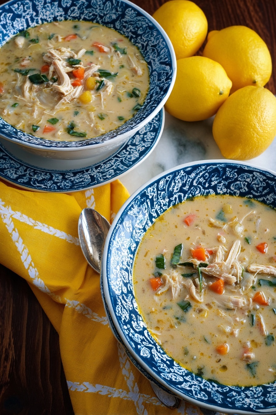 Lemon Chicken & Spaetzle Soup, lemon chicken soup with spaetzle, bright lemon chicken soup, comforting lemon chicken and dumpling soup, easy spaetzle soup recipes - Two white bowls with blue patterns hold thick creamy soup with visible chunks of shredded light beige chicken, small orange carrot pieces, green herbs, and bits of other vegetables, all mixed into a beige broth. The bowls are placed on a bright yellow cloth with white cross patterns, lying on a dark wooden surface next to three shiny yellow lemons. A silver spoon rests on the yellow cloth near the top right bowl. The background is a white marbled texture. photo taken with an iphone --ar 2:3 --v 7