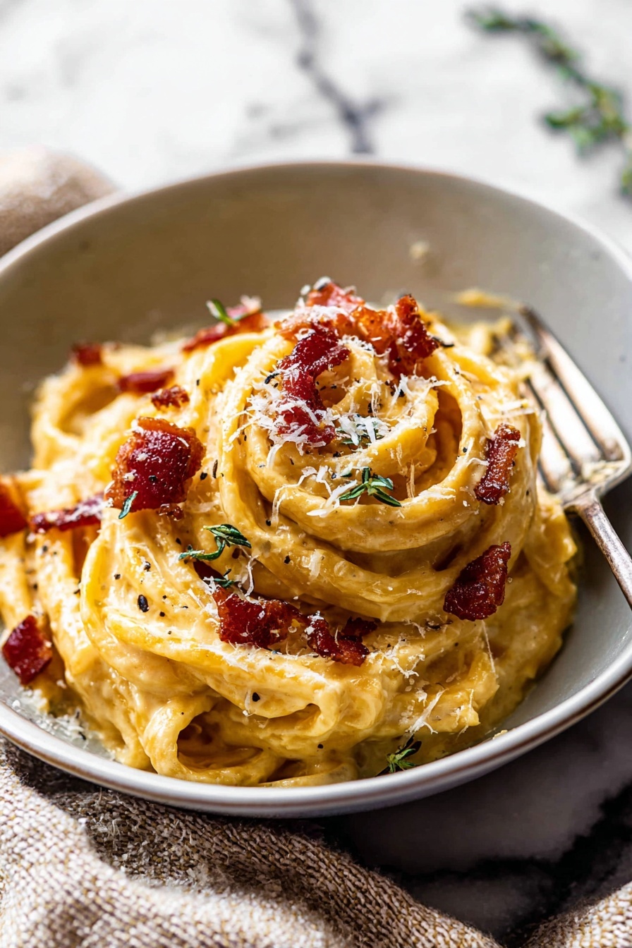 Creamy Roasted Garlic Butternut Squash Pasta, roasted butternut squash pasta, garlic squash pasta recipe, vegetarian autumn pasta, easy fall pasta recipes - A close-up of thick pasta twirled into three swirled layers in a white bowl, covered with creamy, light yellow sauce with a smooth texture; scattered on top are small pieces of crispy deep red bacon and thin green herbs, sprinkled lightly with fine white cheese. A silver fork rests at the bowl's edge, and the background is a white marbled surface with a soft textured cloth nearby. photo taken with an iphone --ar 2:3 --v 7