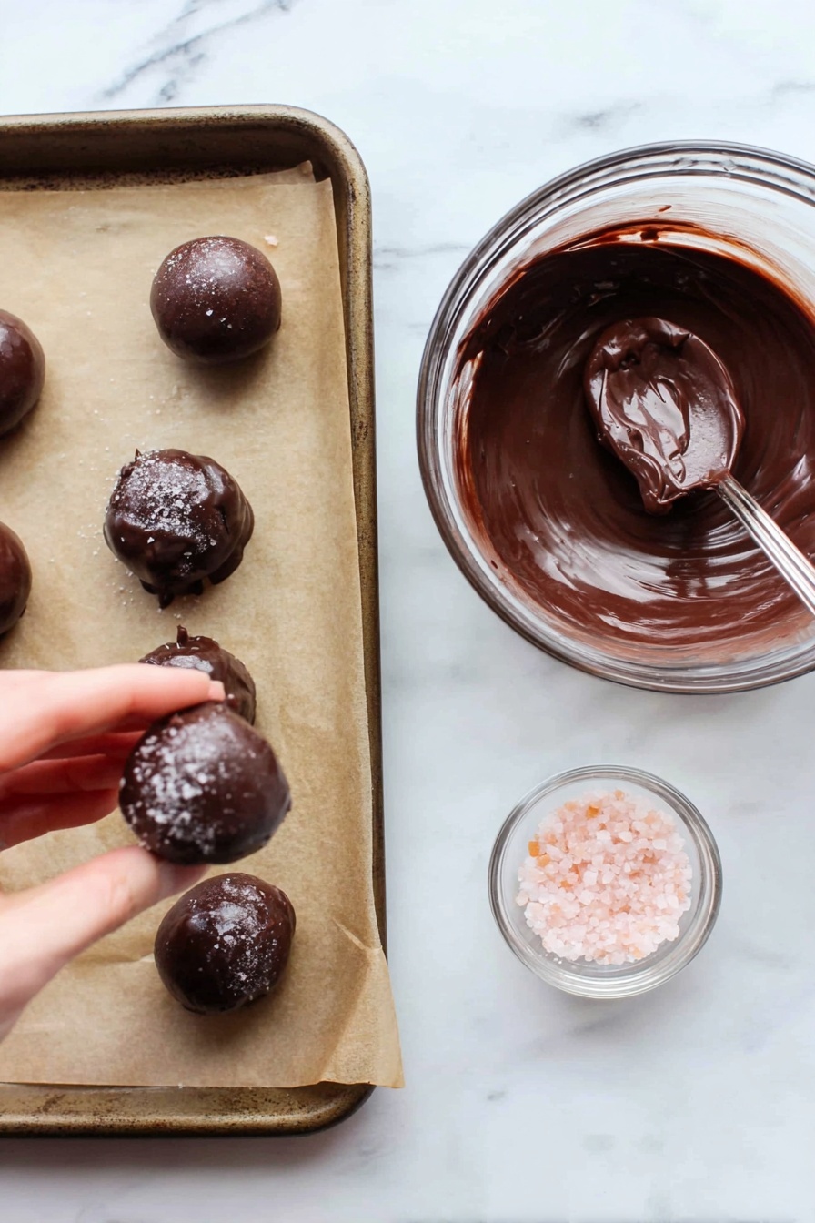 Cocoa Date Truffles, healthy chocolate truffles, vegan date bites, indulgent no-bake treats, natural sweet treats - The image shows a baking tray lined with light brown parchment paper holding four round chocolate balls placed unevenly, each with a glossy dark brown chocolate coating that looks smooth and slightly shiny, with one having a rough texture and some chocolate smudging around it. Next to the tray on a white marbled surface, there is a clear glass bowl filled with thick, dark brown melted chocolate with a large spoon resting inside it, the chocolate appearing creamy and rich. Below the bowl, there is a small clear container filled with light pink coarse salt, and a woman's hand is seen pinching some salt over the chocolate balls. Photo taken with an iphone --ar 2:3 --v 7