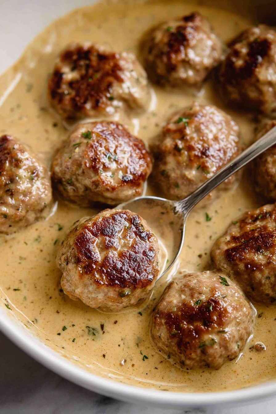 Lemon Sauce Pork and Beef Meatballs, meatball recipes with lemon sauce, easy meatball dinner ideas, quick weeknight meatball recipes, flavorful meatball dishes - The image shows a close-up of several browned meatballs in a light tan creamy sauce inside a white bowl, with the meatballs having a textured, slightly crispy and browned surface. The sauce around them is smooth, speckled with small herbs and spices, filling the gaps between the meatballs. There is a silver spoon placed among the meatballs, partially submerged in the sauce. The scene is set on a white marbled surface. photo taken with an iphone --ar 2:3 --v 7