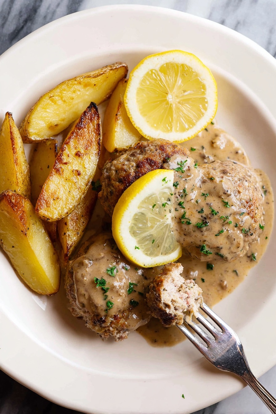 Lemon Sauce Pork and Beef Meatballs, meatball recipes with lemon sauce, easy meatball dinner ideas, quick weeknight meatball recipes, flavorful meatball dishes - A white plate with three round meat patties covered in light brown sauce with herbs sprinkled on top, positioned on the right side with a lemon wedge resting on the top patty; next to them on the left side are golden roasted potato wedges with some herbs on them; a fork is pulling a piece from the front patty, showing the soft inside of the meat, all set against a white marbled surface. photo taken with an iphone --ar 2:3 --v 7