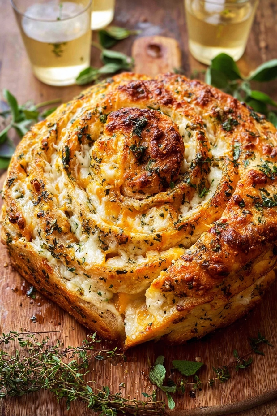 Garlic Herb Cheddar Cheese Bread, cheesy garlic bread, homemade bread with herbs, soft cheesy bread recipe, easy savory bread - A round, spiral-shaped bread with multiple layers, each layer showing a mix of melted yellow and white cheese with visible herbs sprinkled on top. The bread crust is golden brown with some areas darker and crisp. Fresh green herb sprigs are scattered on the bread’s surface, adding color contrast. The bread sits on a wooden surface with glasses filled with a light drink around it, and some green leaves near the top and bottom edges. photo taken with an iphone --ar 2:3 --v 7