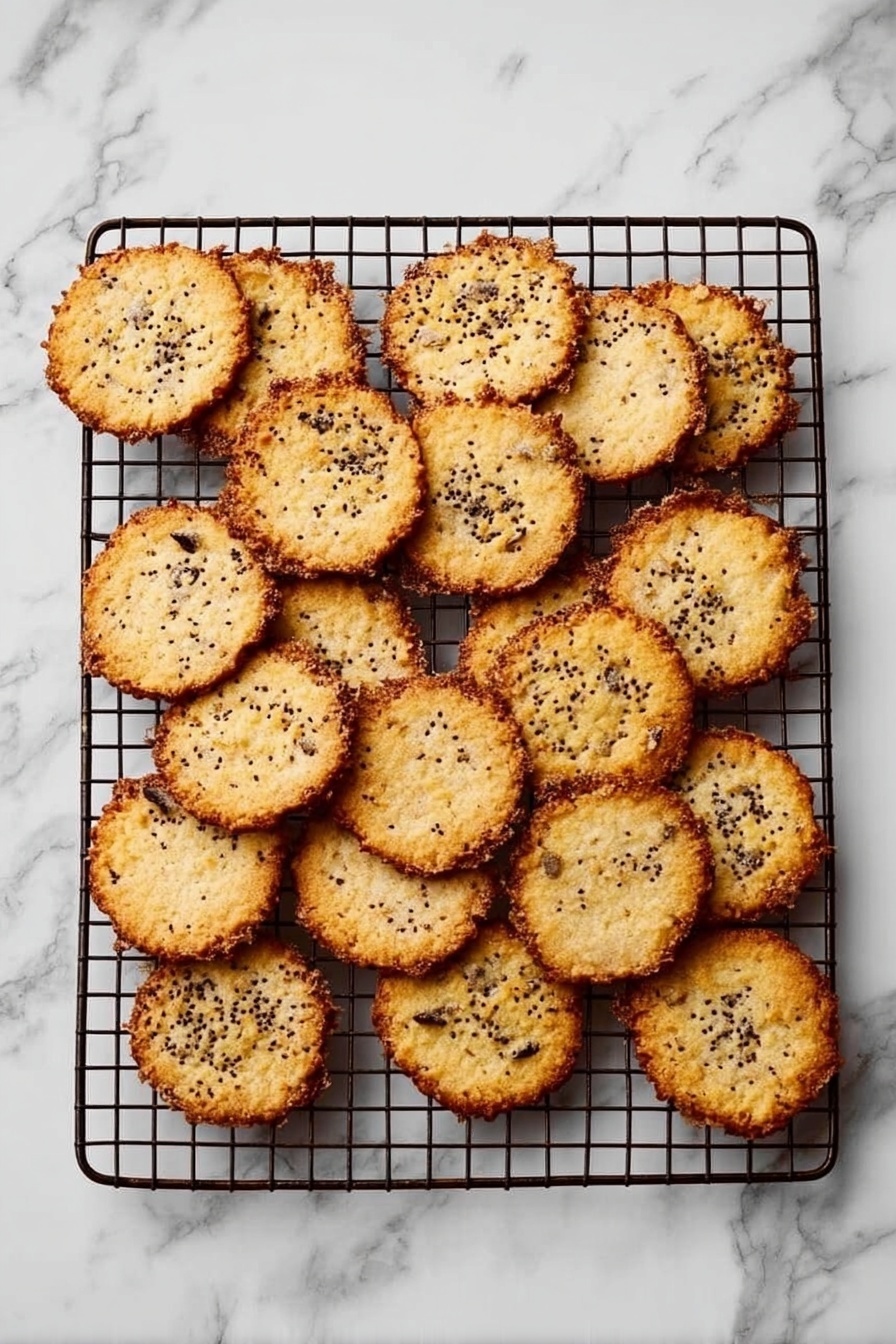 Cottage Cheese Chips, healthy crispy snack, low-carb snack ideas, high protein snacks, easy snack recipes - A black metal cooling rack sits on a white marbled surface, holding 20 thin, round cookies with uneven edges. Each cookie is golden brown with darker, crispy edges, and has small black seeds sprinkled on top, mostly in the center. The cookies vary slightly in size and shape, creating a natural, homemade look. The lighting is bright and soft, showing the texture of the cookies clearly. photo taken with an iphone --ar 2:3 --v 7