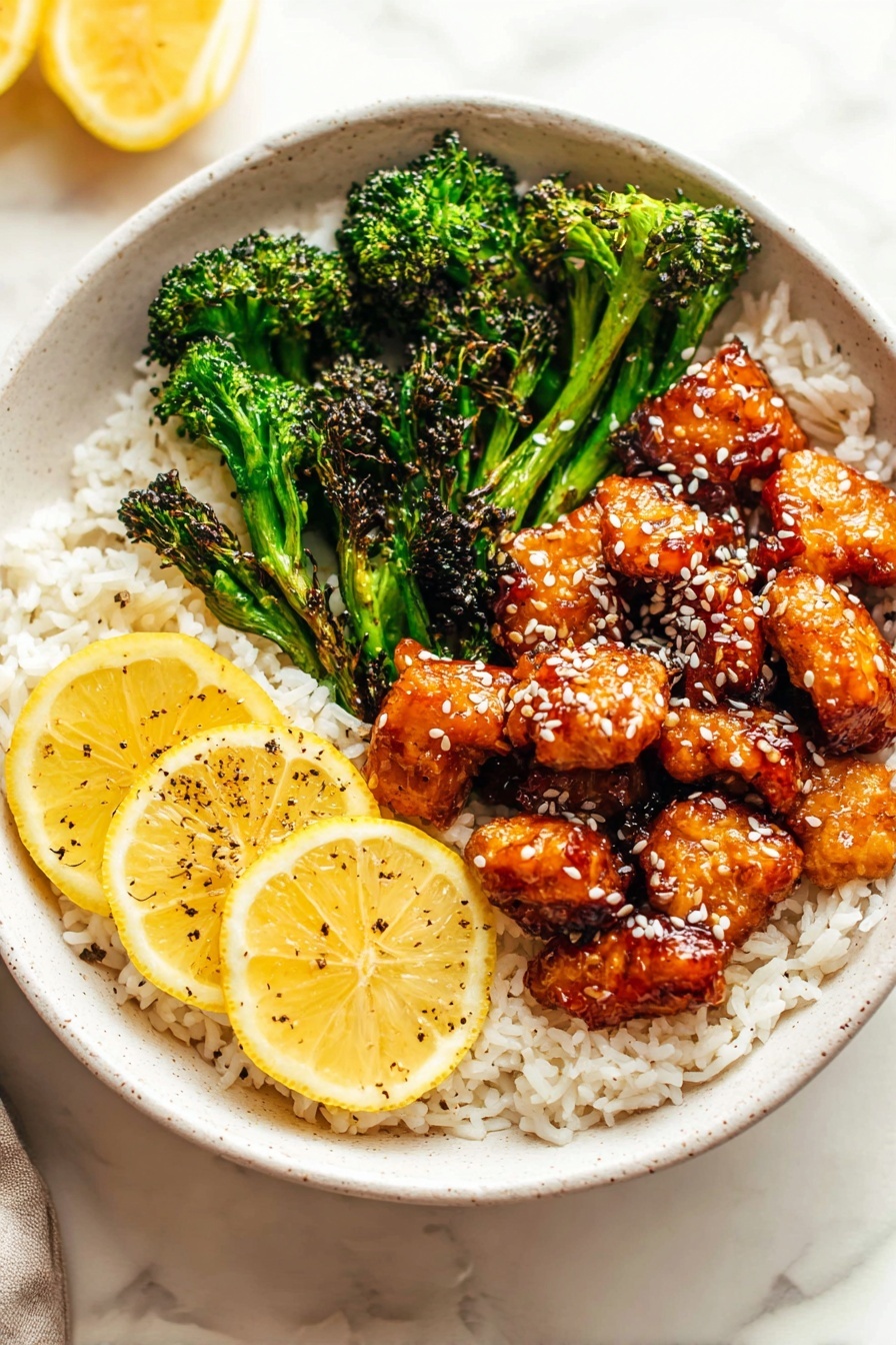 Sticky Honey Lemon Chicken, honey lemon chicken, quick chicken dinner, easy Asian chicken recipe, flavorful chicken stir-fry - A white bowl sits on a white marbled surface, filled with a base layer of fluffy white rice topped with golden-brown pieces of glazed chicken sprinkled with white sesame seeds in the center. To one side, there are bright green broccoli florets, lightly charred and fresh in texture. On the opposite side of the broccoli, three thin slices of yellow lemon rest on the rice, lightly seasoned with black pepper. The whole dish looks vibrant and well balanced. Photo taken with an iphone --ar 2:3 --v 7