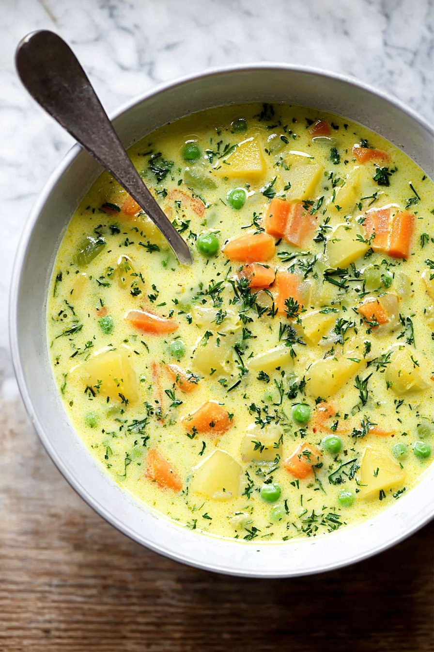 Creamy Polish Dill Soup, Polish dill soup recipe, hearty dill soup, easy Polish soup, comforting dill soup - A white bowl filled with creamy yellow-green soup that has visible small chopped layers of orange carrots, light yellow potatoes, and green peas mixed throughout. The soup has specks of fresh green herbs sprinkled evenly on top. A silver spoon rests inside the bowl with its handle pointing up and leaning slightly to the right. The bowl sits on a white marbled textured surface. photo taken with an iphone --ar 2:3 --v 7